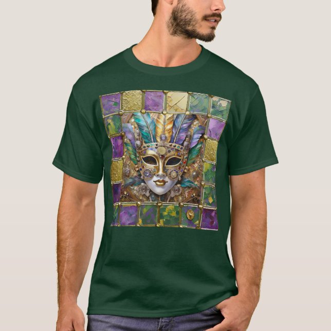 Mardi Gras Gold & Ceramic Colourful Feather Mask T-Shirt (Front)