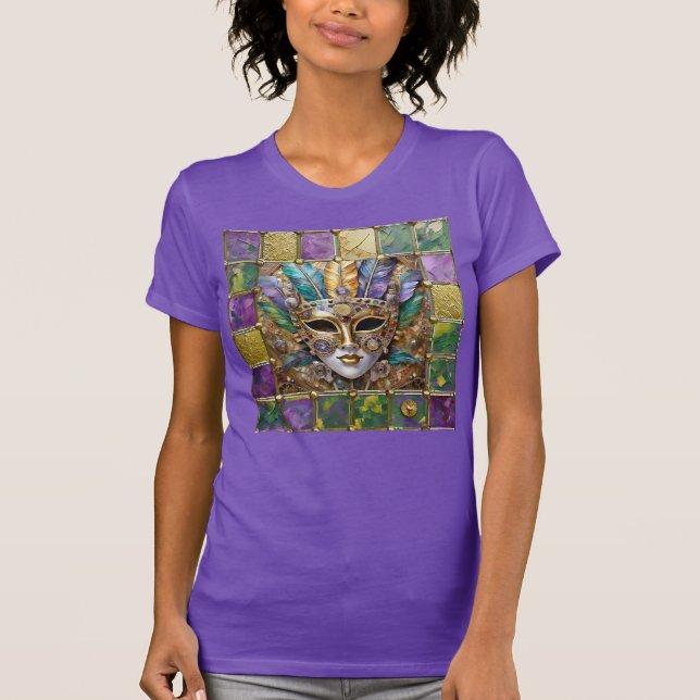 Mardi Gras Gold & Ceramic Colourful Feather Mask T-Shirt (Front)