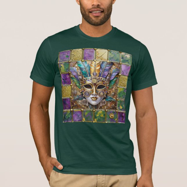 Mardi Gras Gold & Ceramic Colourful Feather Mask T-Shirt (Front)
