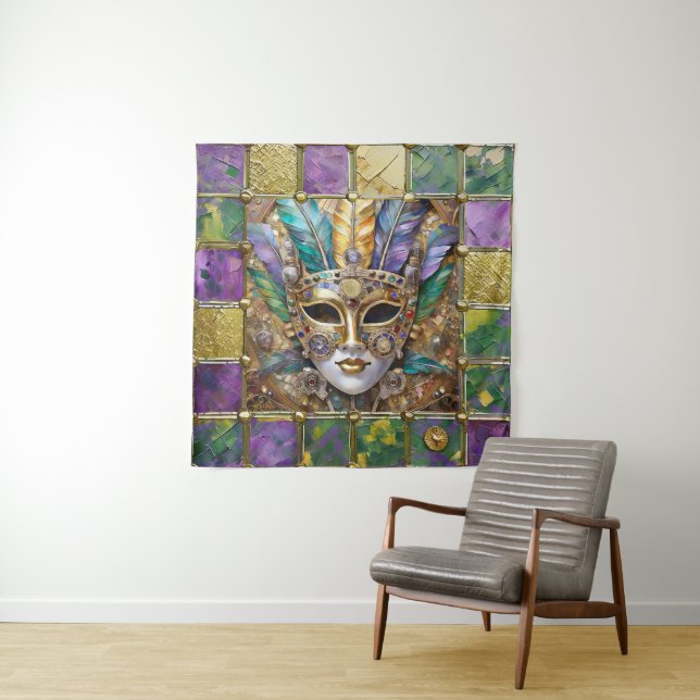 Mardi Gras Gold & Ceramic Colourful Feather Mask Tapestry (In Situ)
