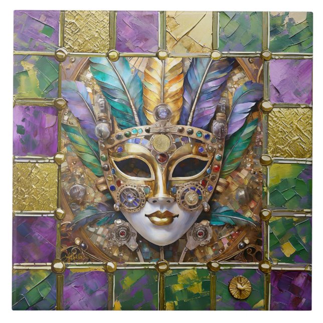 Mardi Gras Gold & Ceramic Colourful Feather Mask Tile (Front)