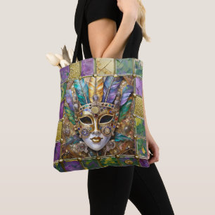 Mardi Gras Gold & Ceramic Colourful Feather Mask Tote Bag