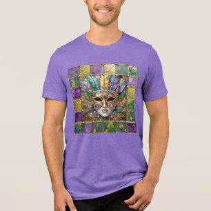Mardi Gras Gold & Ceramic Colourful Feather Mask Tri-Blend Shirt