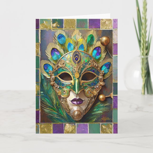 Mardi Gras Gold Ceramic Peacock Feather Mask Card (Front)