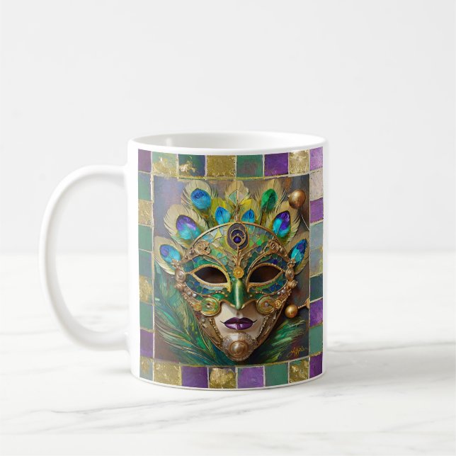 Mardi Gras Gold Ceramic Peacock Feather Mask Coffee Mug (Left)