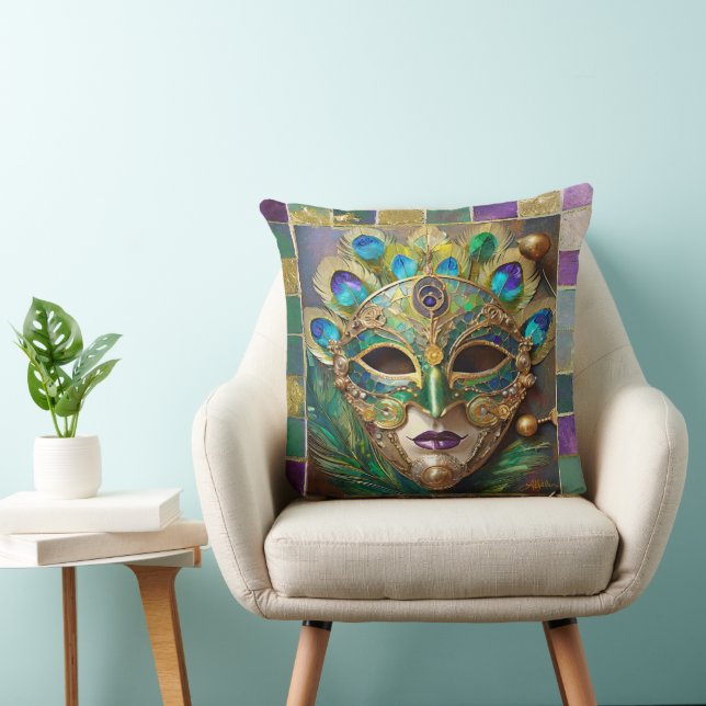 Mardi Gras Gold Ceramic Peacock Feather Mask Cushion (Chair)