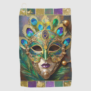 Mardi Gras Gold Ceramic Peacock Feather Mask Golf Towel