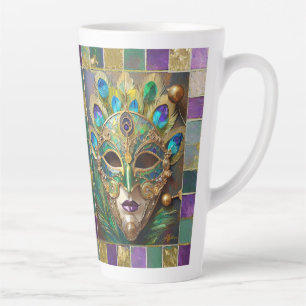 Mardi Gras Gold Ceramic Peacock Feather Mask Latte Mug