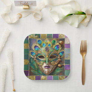 Mardi Gras Gold Ceramic Peacock Feather Mask Paper Plate