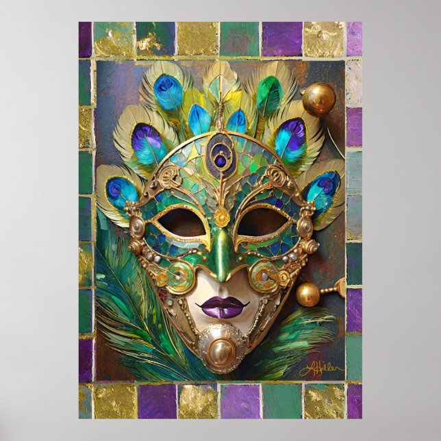 Mardi Gras Gold Ceramic Peacock Feather Mask Poster (Front)