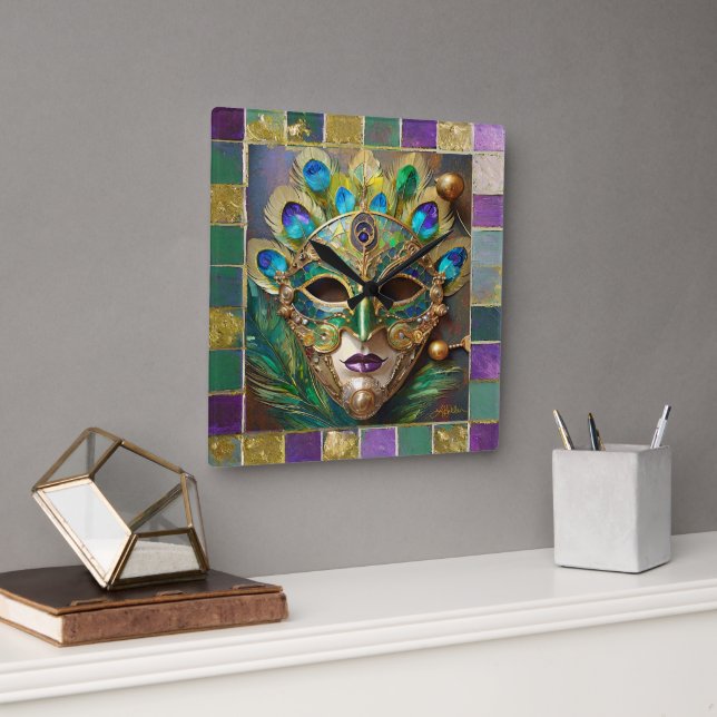 Mardi Gras Gold Ceramic Peacock Feather Mask Square Wall Clock (Office)