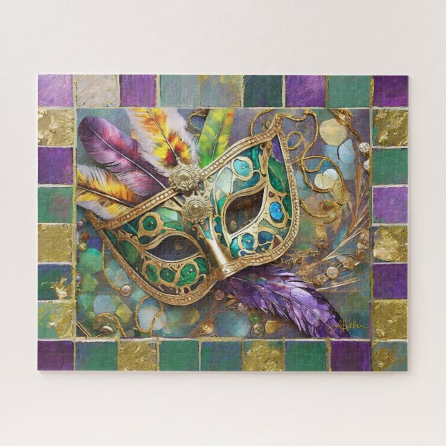 Mardi Gras Gold & Green Colourful Feathers Mask Jigsaw Puzzle (Horizontal)