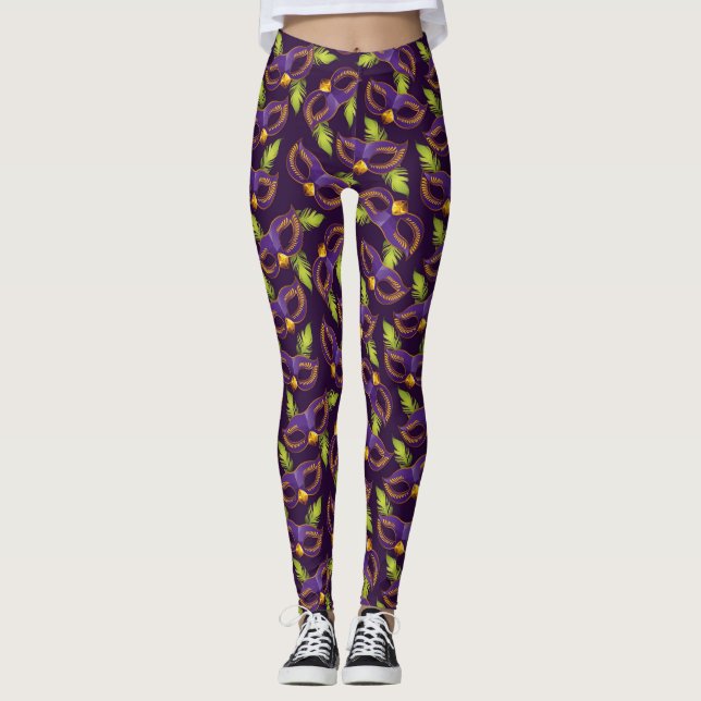  Mardi Gras Gold Green Purple Mask Leggings (Front)