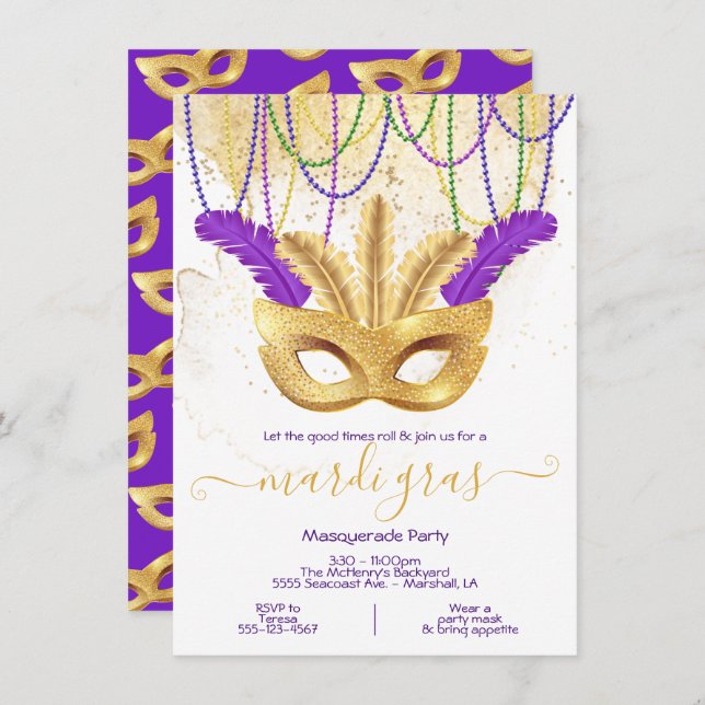Mardi Gras Gold Masquerade Party Invitation (Front/Back)