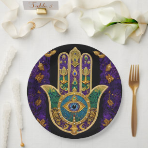 Mardi Gras Gold Purple Green Hamsas Art Paper Plate