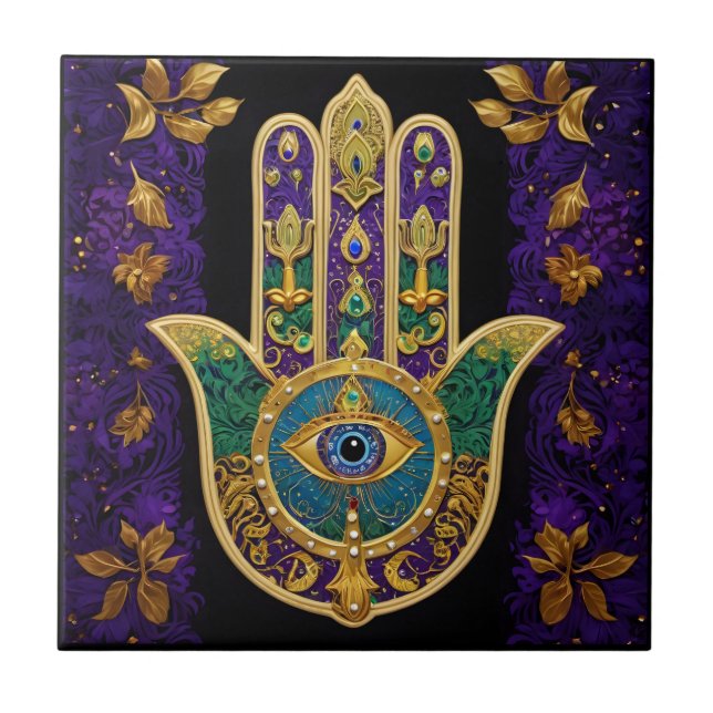 Mardi Gras Gold Purple Green Hamsas Art Tile (Front)