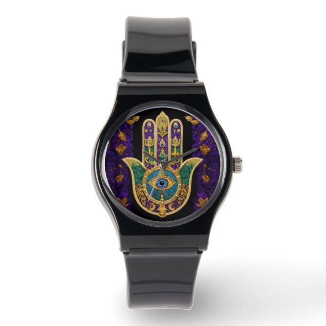 Mardi Gras Gold Purple Green Hamsas Art Watch (Front)