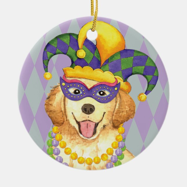 Mardi Gras Golden Retriever Ceramic Tree Decoration (Front)