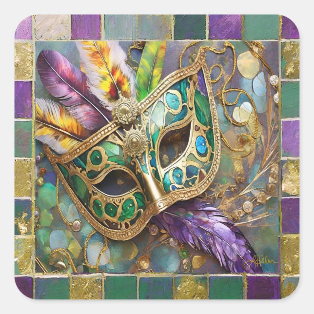 Mardi Gras Green and Gold Colourful Feathers Mask Square Sticker (Front)