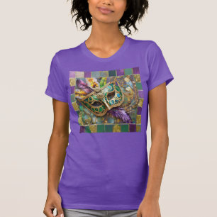 Mardi Gras Green and Gold Colourful Feathers Mask T-Shirt
