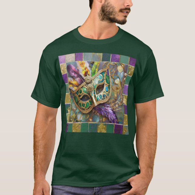 Mardi Gras Green and Gold Colourful Feathers Mask T-Shirt (Front)