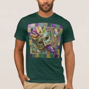 Mardi Gras Green and Gold Colourful Feathers Mask T-Shirt