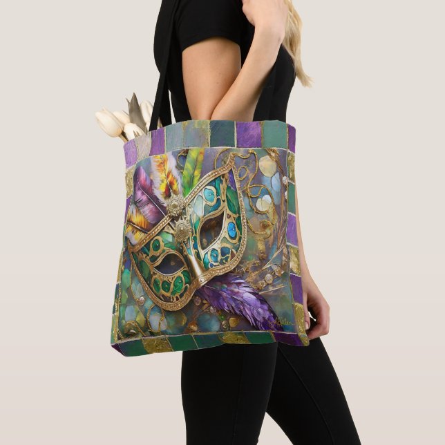 Mardi Gras Green and Gold Colourful Feathers Mask Tote Bag (Close Up)