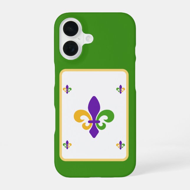 Mardi Gras Green Gold Purple Fleur de Lis iPhone 16 Case (Back)