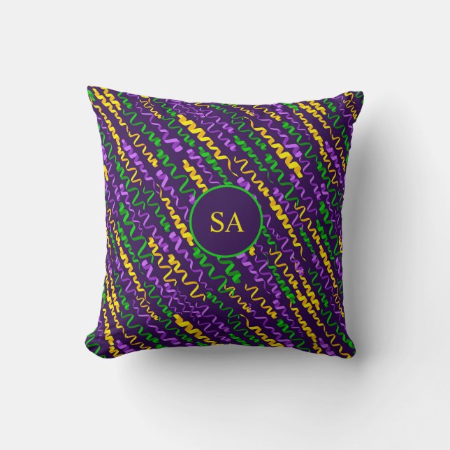 Mardi Gras Green Golden Purple Ribbons Cushion (Front)