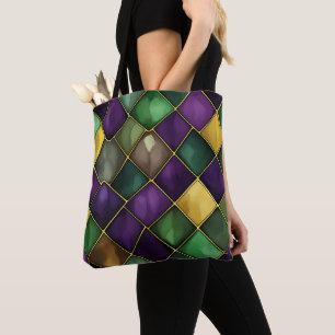 MARDI GRAS GREEN & PURPLE DIAMOND PATTERN TOTE BAG