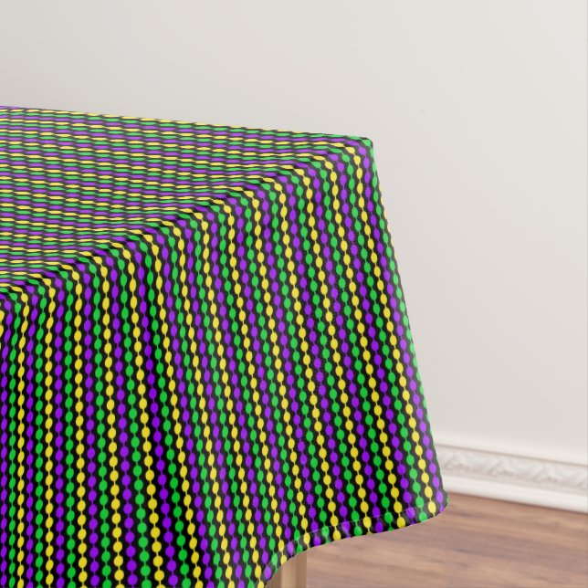 Mardi Gras Green, Yellow, Purple Beads on Black Tablecloth (In Situ)