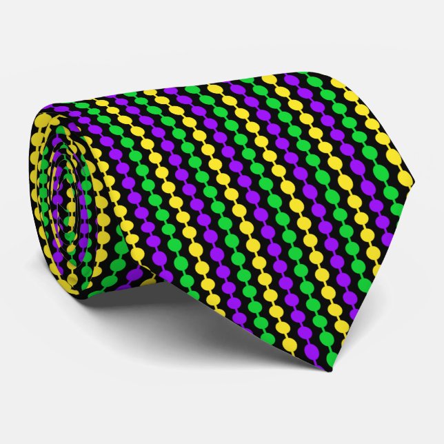 Mardi Gras Green, Yellow, Purple Beads on Black Tie (Rolled)