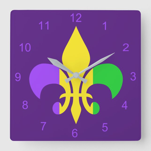 Mardi Gras Green Yellow Purple Fleur-de-Lis Square Wall Clock (Front)