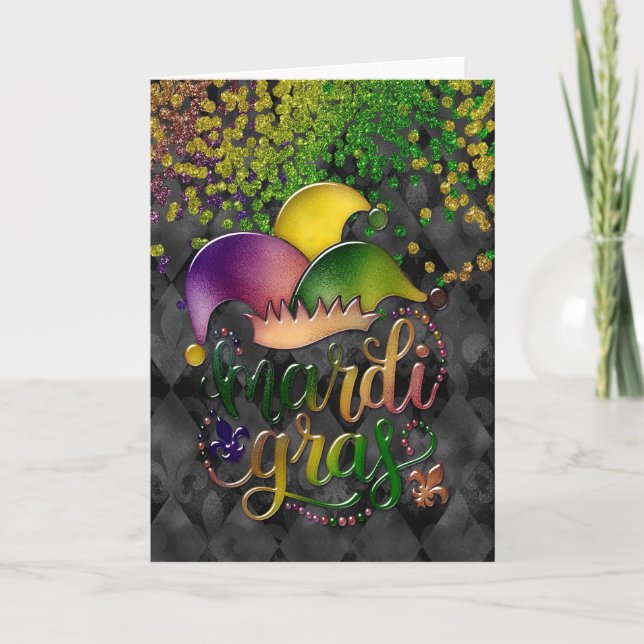 Mardi Gras Greeting Card, Mardi Gras Jester Hat Card (Front)