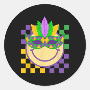 Mardi Gras Groovy Smile Face Wearing Mask Checkere Classic Round Sticker