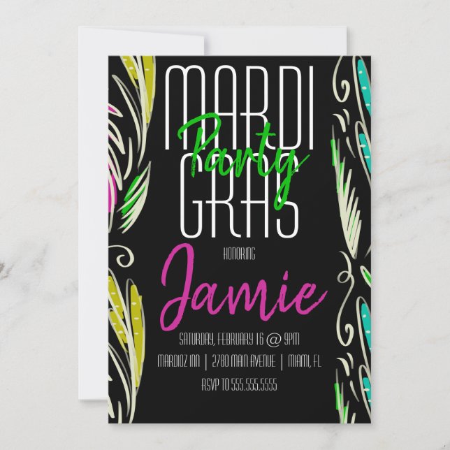 Mardi Gras Hand Drawn Botanical Pink Green Black Invitation (Front)