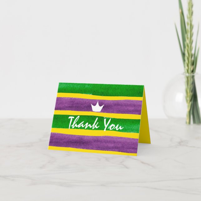 Mardi Gras Hand Painted Purple Green Gold Stripes Thank You Card (Front)
