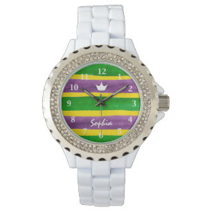 Mardi Gras Hand Painted Purple Green Gold Stripes Watch