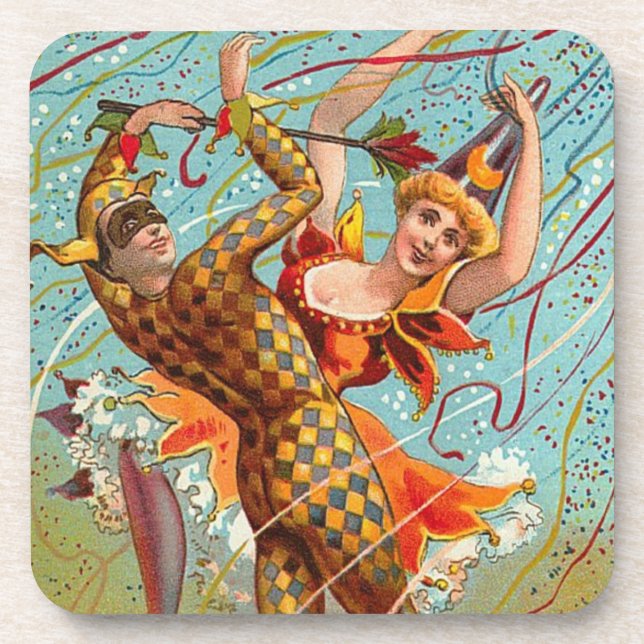 Mardi Gras Happy Halloween Dancing Jester Costume Coaster (Front)
