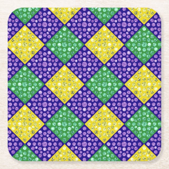 Mardi Gras Harlequin Diamond Carnival Pattern Square Paper Coaster (Front)