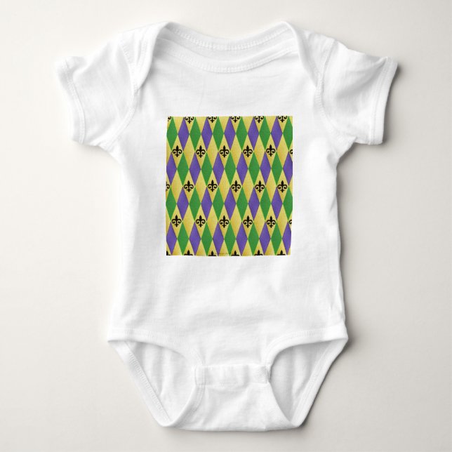 Mardi Gras Harlequin Fleur De Lis Baby Bodysuit (Front)