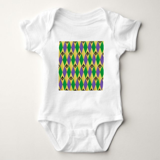 Mardi Gras Harlequin Fleur De Lis Baby Bodysuit (Front)