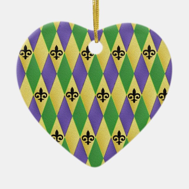 Mardi Gras Harlequin Fleur De Lis Ceramic Tree Decoration (Front)