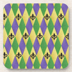 Mardi Gras Harlequin Fleur De Lis Coaster