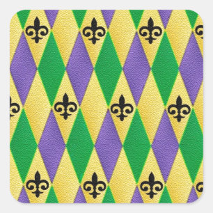 Mardi Gras Harlequin Fleur De Lis Square Sticker