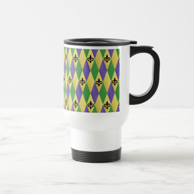 Mardi Gras Harlequin Fleur De Lis Travel Mug (Right)