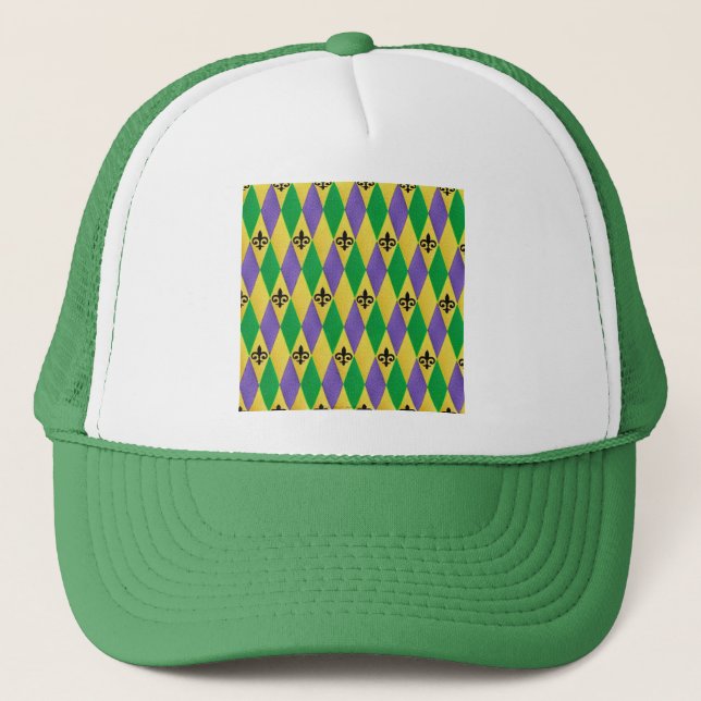 Mardi Gras Harlequin Fleur De Lis Trucker Hat (Front)