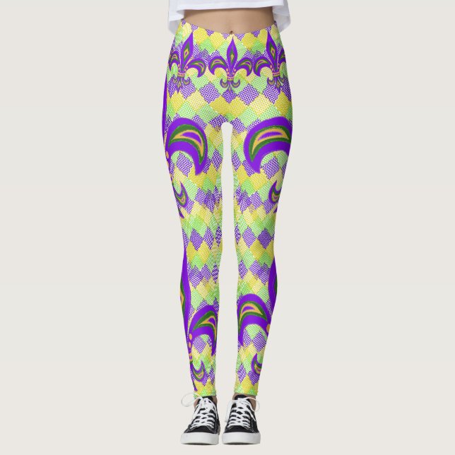 Mardi Gras Harlequin Pattern and Fleur de Lis Leggings (Front)