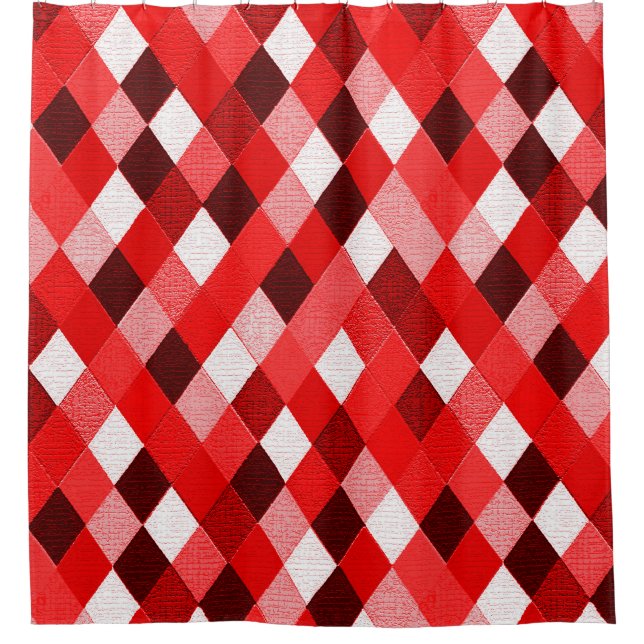 MARDI GRAS HARLEQUIN PATTERN Red Pink White Rhombi Shower Curtain (Front)