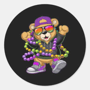 Mardi Gras Hip Hop Bear For Boys Mens New Orleans Classic Round Sticker